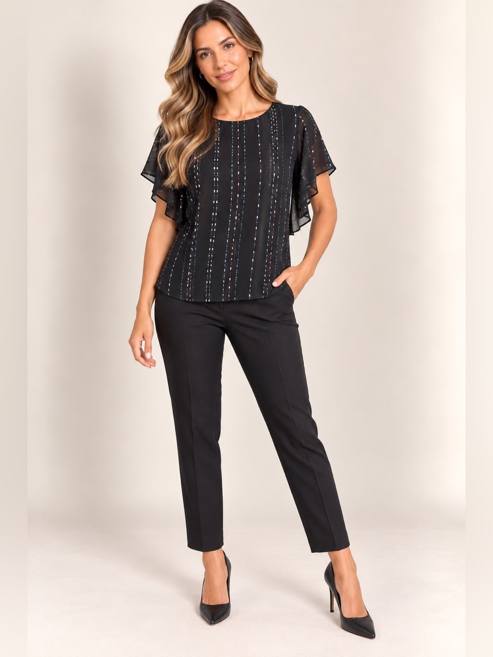 LOFT Black Printed Flutter Sleeve Tie Back Blouse with Blue & White Dot Stripe